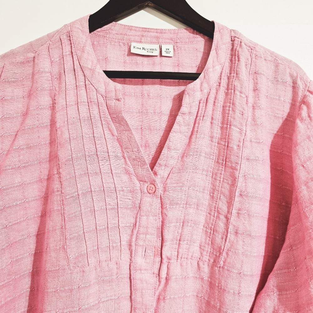 Kim Rogers Curvy 2X Pink Button front V-neck Pintuck Yoke Linen Blend Blouse - Picture 2 of 10